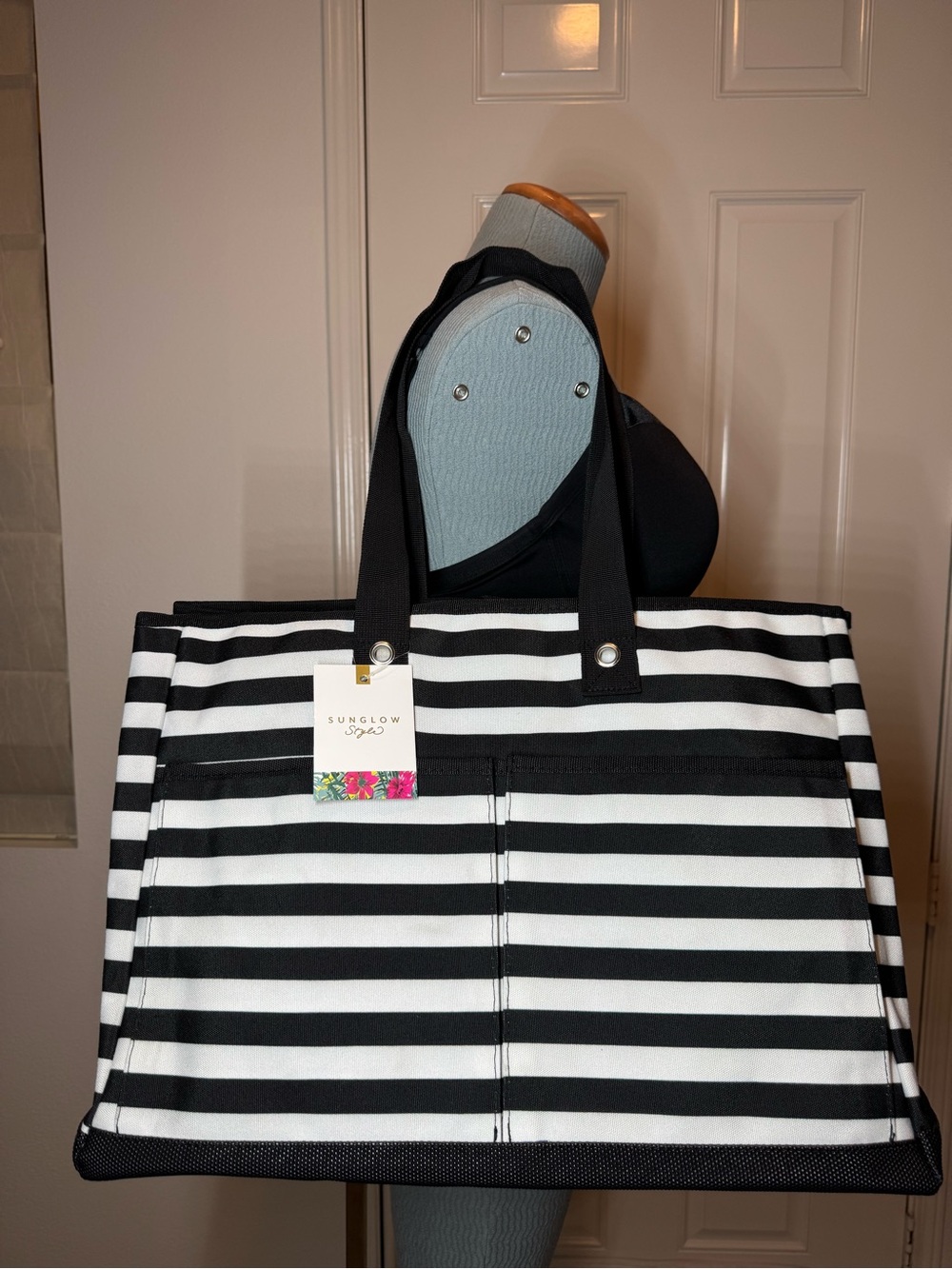 Black & White Stripes Tote Bag 4 pockets zipper gym beach shopping work travel